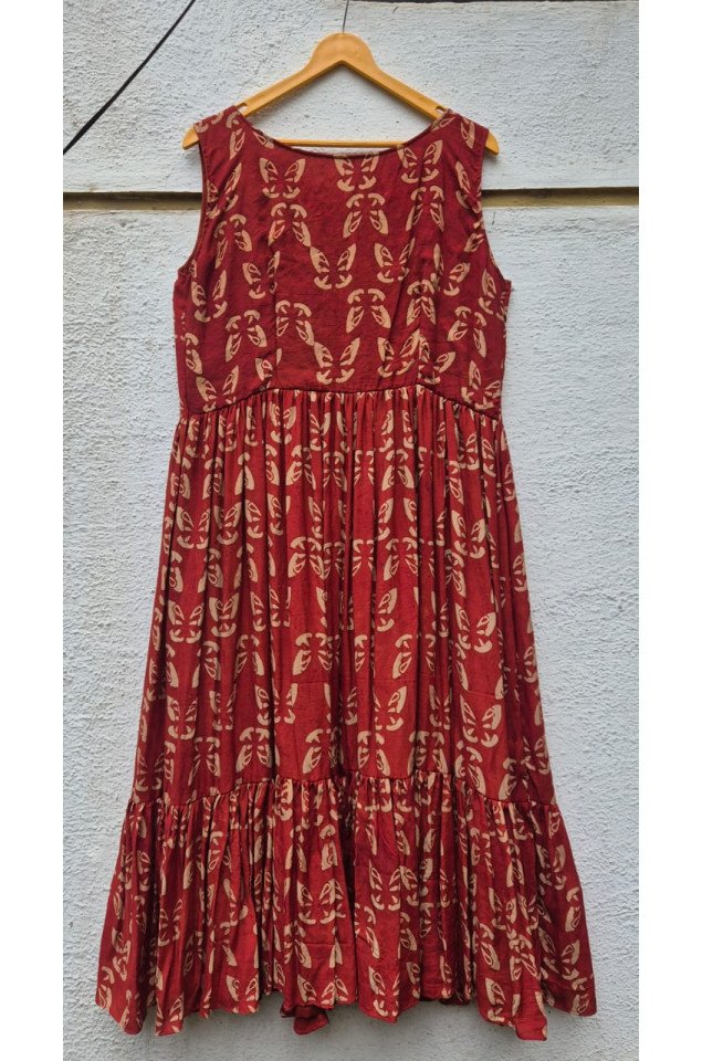 Ajrakh block print pleated yoke flared dress