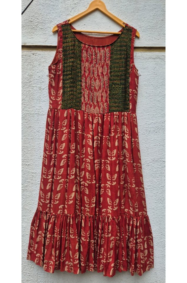Ajrakh block print pleated yoke flared dress
