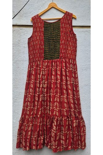 Ajrakh block print pleated yoke flared dress