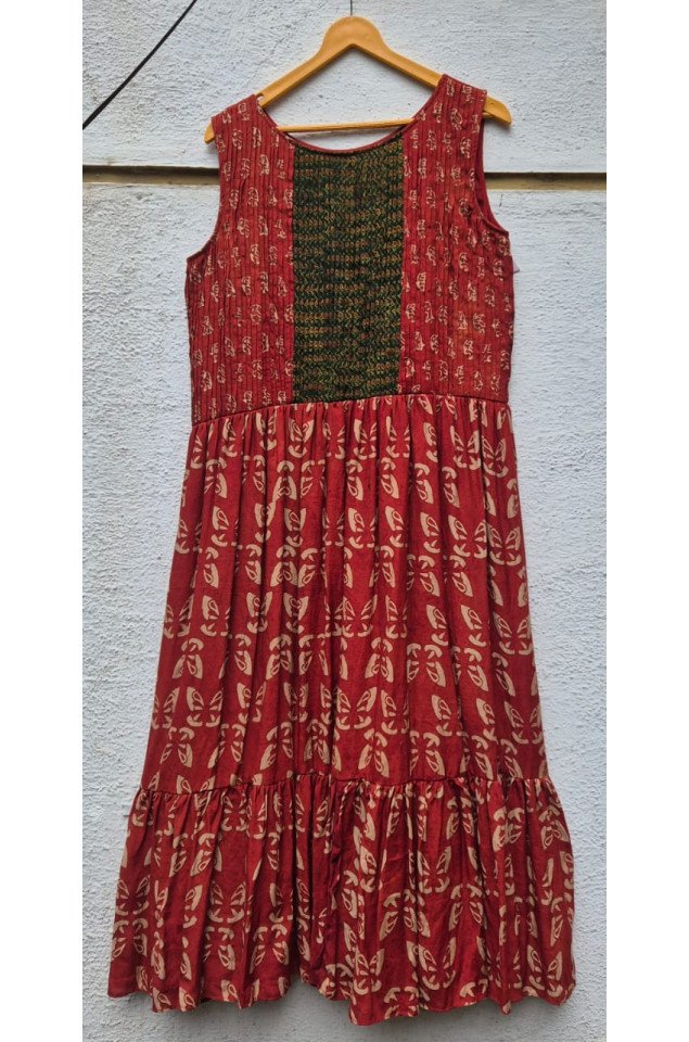 Ajrakh block print pleated yoke flared dress