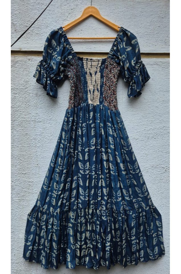 Ajrakh block print with multi colour bobbin elastic yoke flared dress