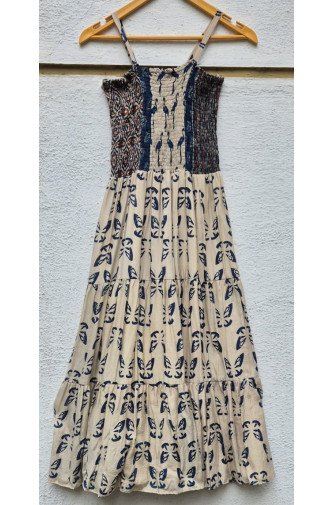 Ajrakh block print with multi colour bobbin elastic yoke flared dress