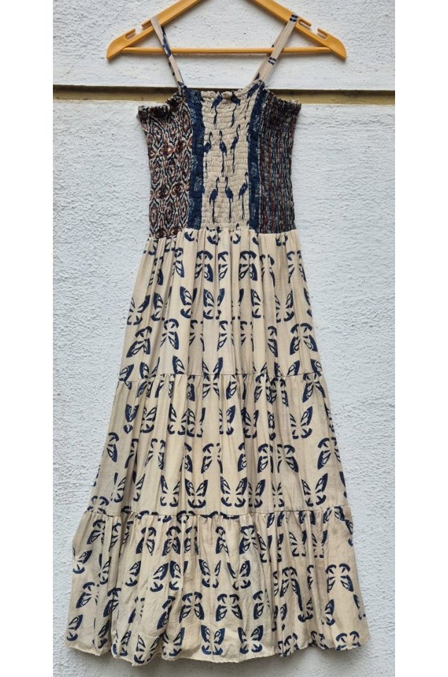 Ajrakh block print with multi colour bobbin elastic yoke flared dress
