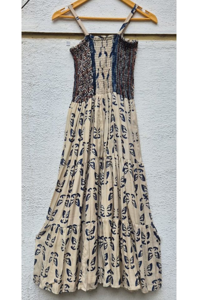 Ajrakh block print with multi colour bobbin elastic yoke flared dress