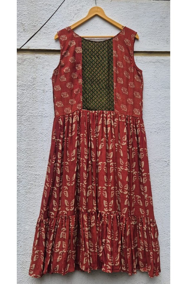 Ajrakh block print pleated yoke flared dress