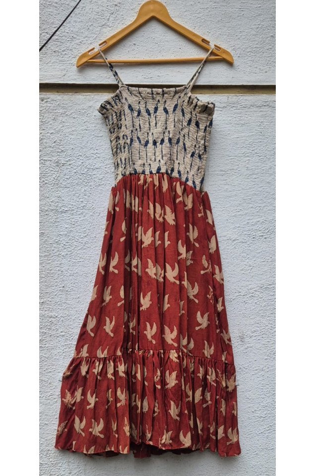 Ajrakh block print bobbin elastic yoke flared dress