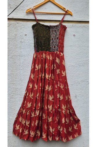 Ajrakh block print with multi colour bobbin elastic yoke tiered dress