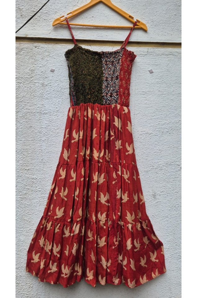 Ajrakh block print with multi colour bobbin elastic yoke tiered dress