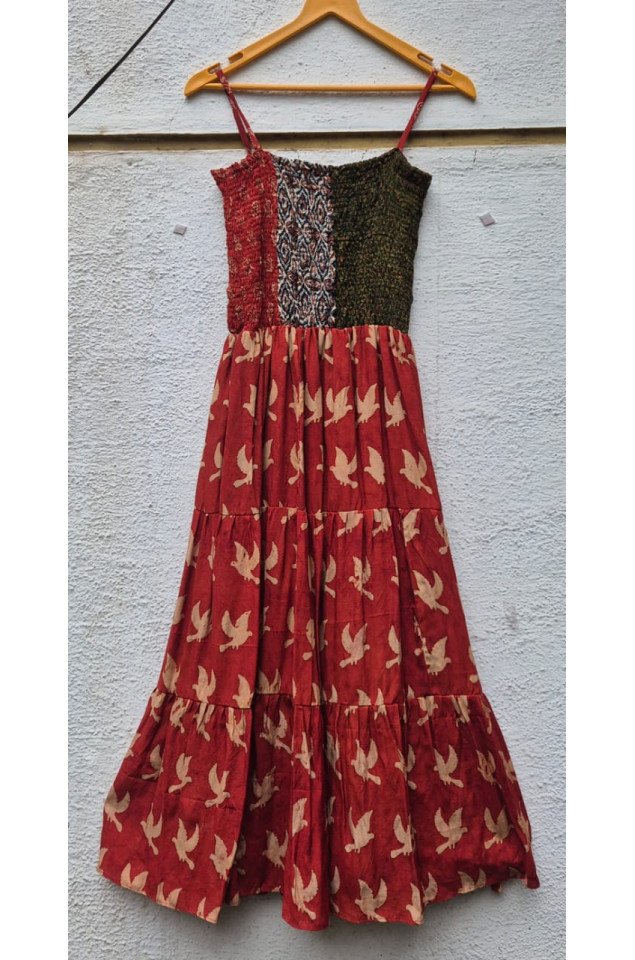 Ajrakh block print with multi colour bobbin elastic yoke tiered dress