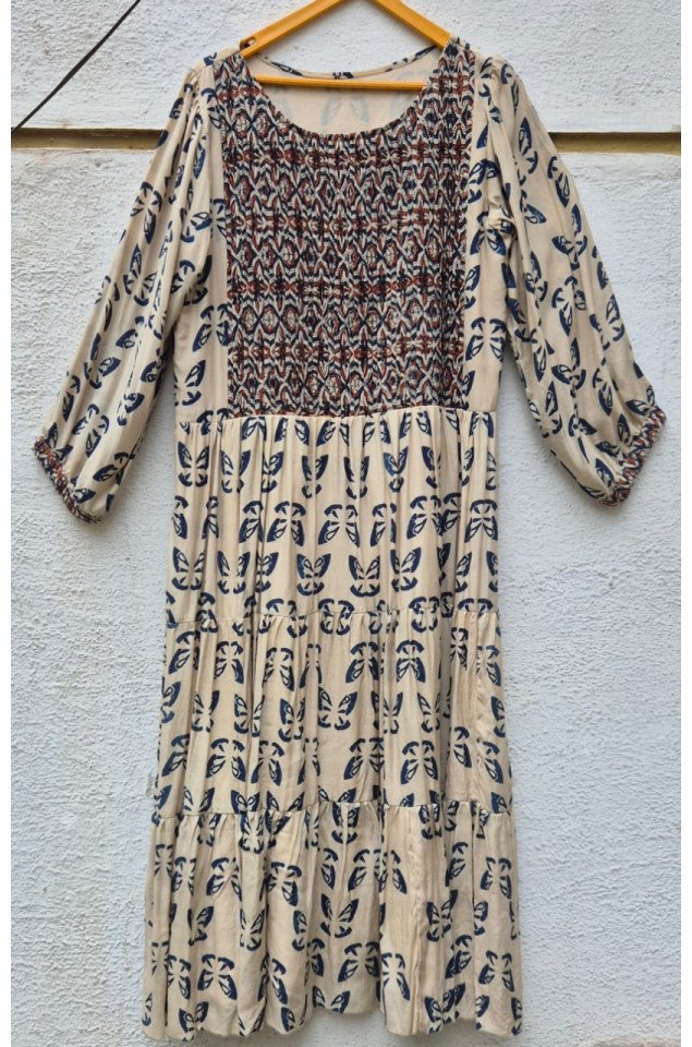 Ajrakh block print pleated yoke tiered dress