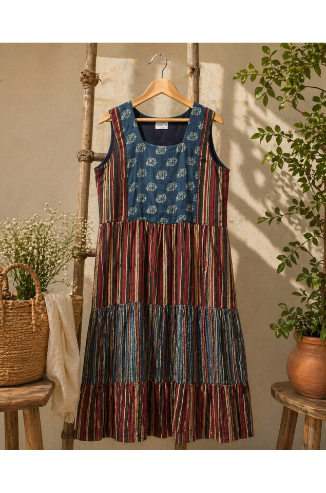  Ajrakh block print tiered dress