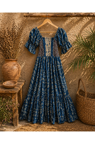 Ajrakh block print with multi colour bobbin elastic yoke flared dress