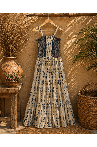 Ajrakh block print with multi colour bobbin elastic yoke flared dress