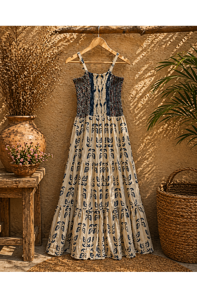 Ajrakh block print with multi colour bobbin elastic yoke flared dress