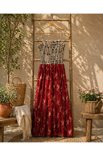 Ajrakh block print bobbin elastic yoke flared dress