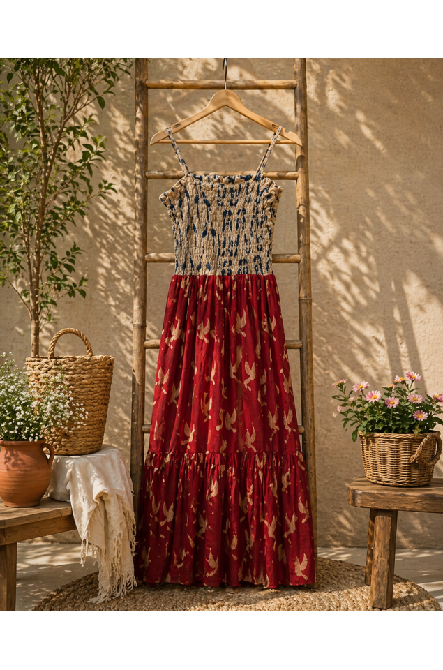 Ajrakh block print bobbin elastic yoke flared dress