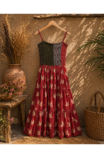 Ajrakh block print with multi colour bobbin elastic yoke tiered dress