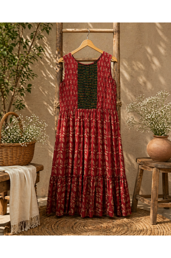 Ajrakh block print pleated yoke flared dress