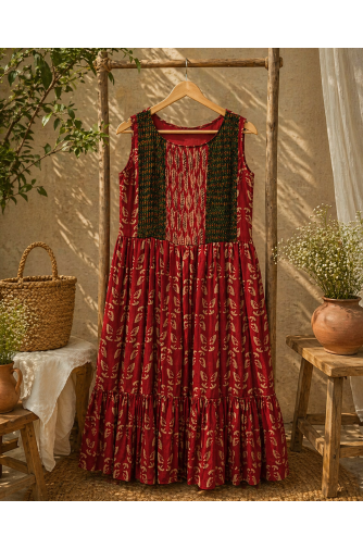 Ajrakh block print pleated yoke flared dress