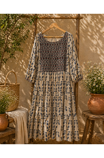 Ajrakh block print pleated yoke tiered dress