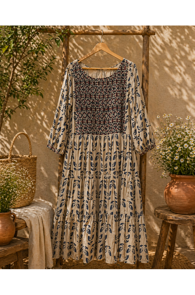 Ajrakh block print pleated yoke tiered dress