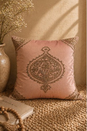 Blush Royale Hand-Embroidered Silk Cushion Cover (Single) – Pure Silk 18x18 Inch Decorative Cover