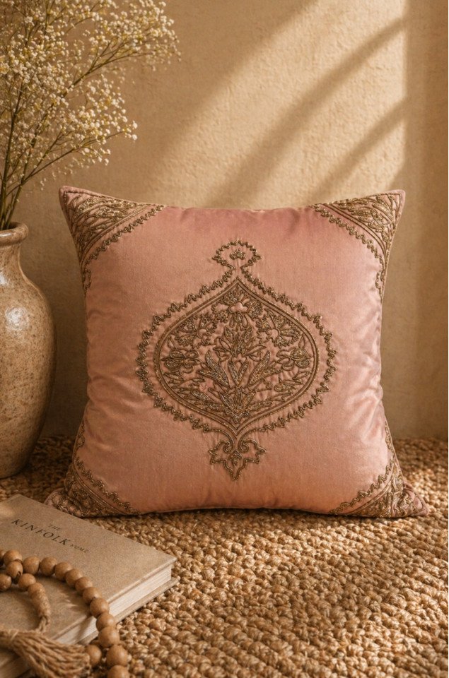 Blush Royale Hand-Embroidered Silk Cushion Cover (Single) – Pure Silk 18x18 Inch Decorative Cover