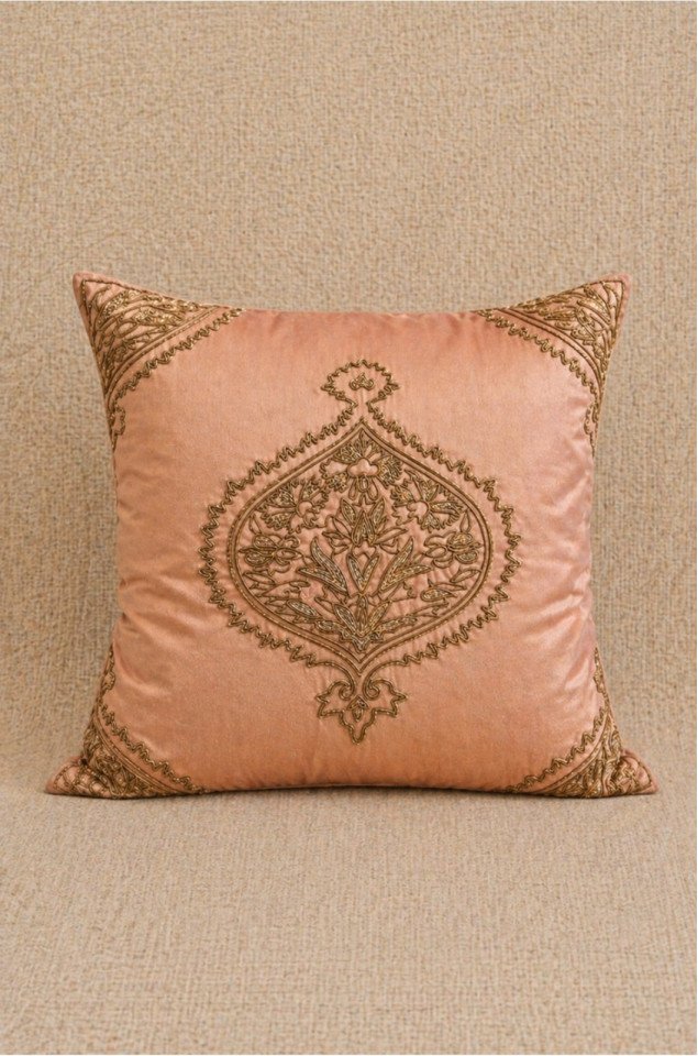 Blush Royale Hand-Embroidered Silk Cushion Cover (Single) – Pure Silk 18x18 Inch Decorative Cover