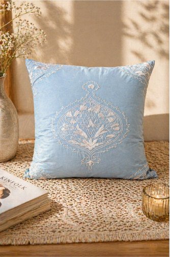 Sky Elegance Hand-Embroidered Silk Cushion Covers (Set of 2) – Pure Silk 18x18 Inch Decorative Covers