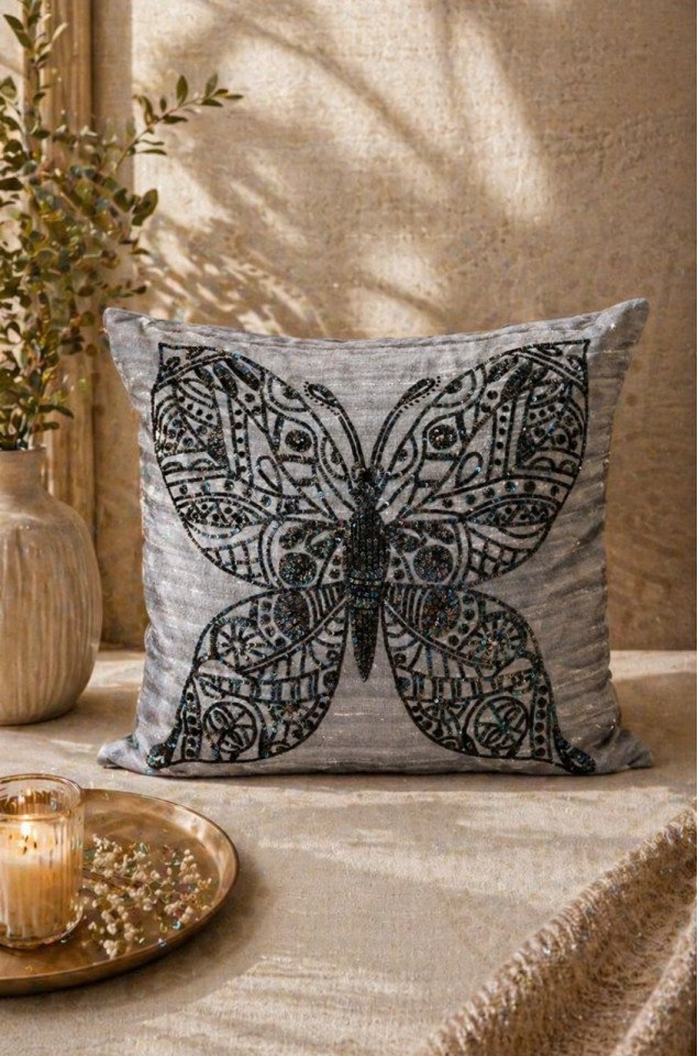 Noir Butterfly Luxe Hand-Embroidered Silk Cushion Covers (Set of 2) – Premium Pure Silk 18x18 Inch Decorative Covers