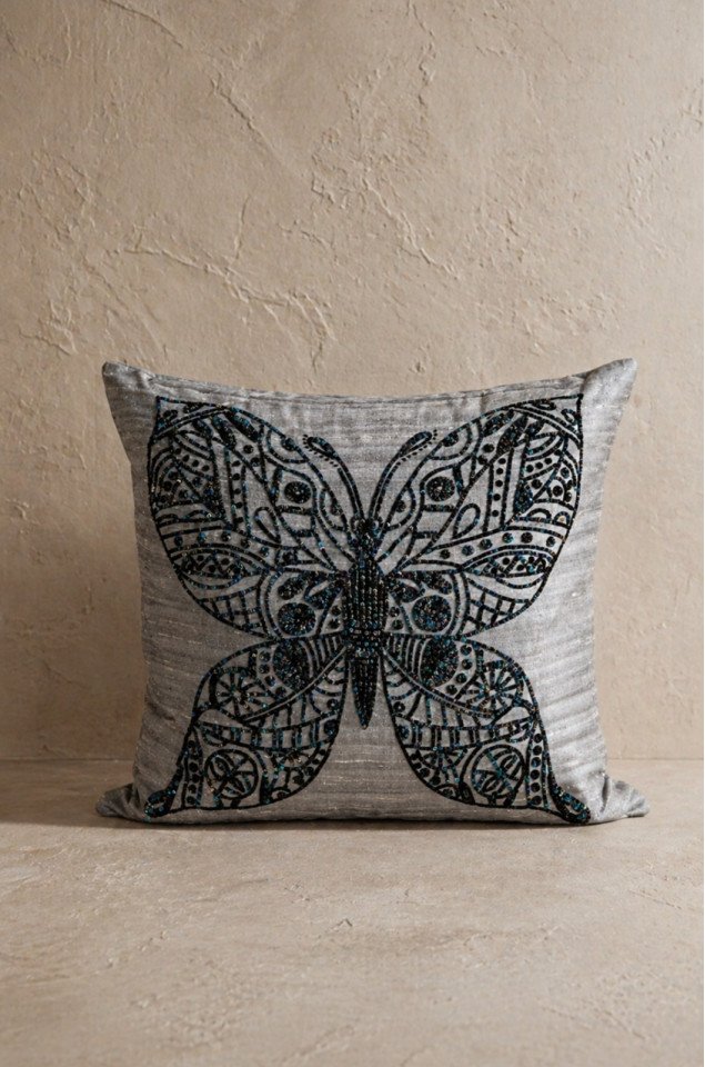 Noir Butterfly Luxe Hand-Embroidered Silk Cushion Covers (Set of 2) – Premium Pure Silk 18x18 Inch Decorative Covers