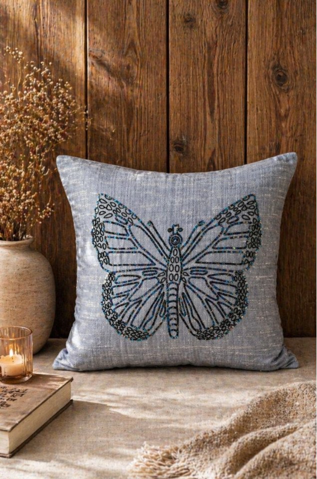 Azure Butterfly Hand-Embroidered Silk Cushion Covers (Set of 2) – Premium Pure Silk 18x18 Inch Decorative Covers