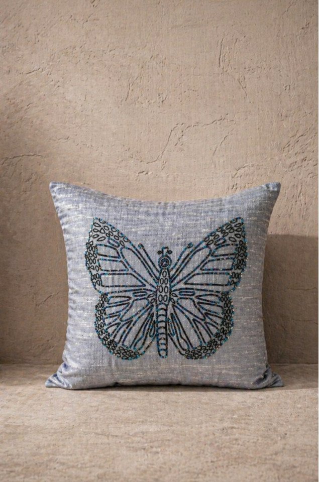 Azure Butterfly Hand-Embroidered Silk Cushion Covers (Set of 2) – Premium Pure Silk 18x18 Inch Decorative Covers