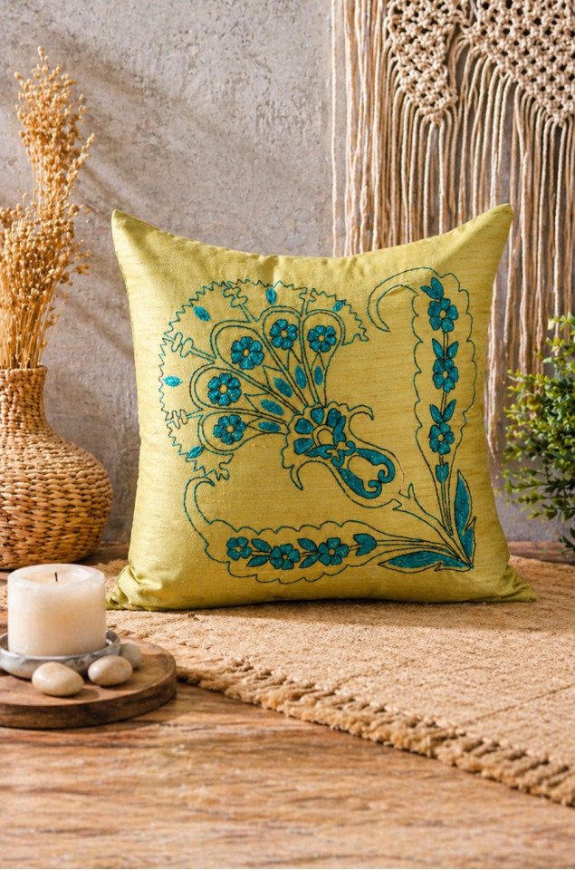 Emerald Paisley Bloom Hand-Embroidered Silk Cushion Covers (Set of 2) – Premium Pure Silk, 18x18 Inch Decorative Covers for Living Room
