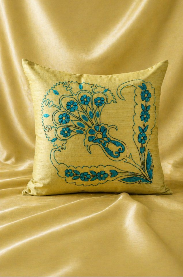 Emerald Paisley Bloom Hand-Embroidered Silk Cushion Covers (Set of 2) – Premium Pure Silk, 18x18 Inch Decorative Covers for Living Room