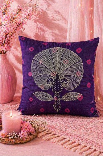 Royal Orchid Hand-Embroidered Silk Cushion Covers (Set of 2) – Pure Silk Decorative Covers 18x18 Inch
