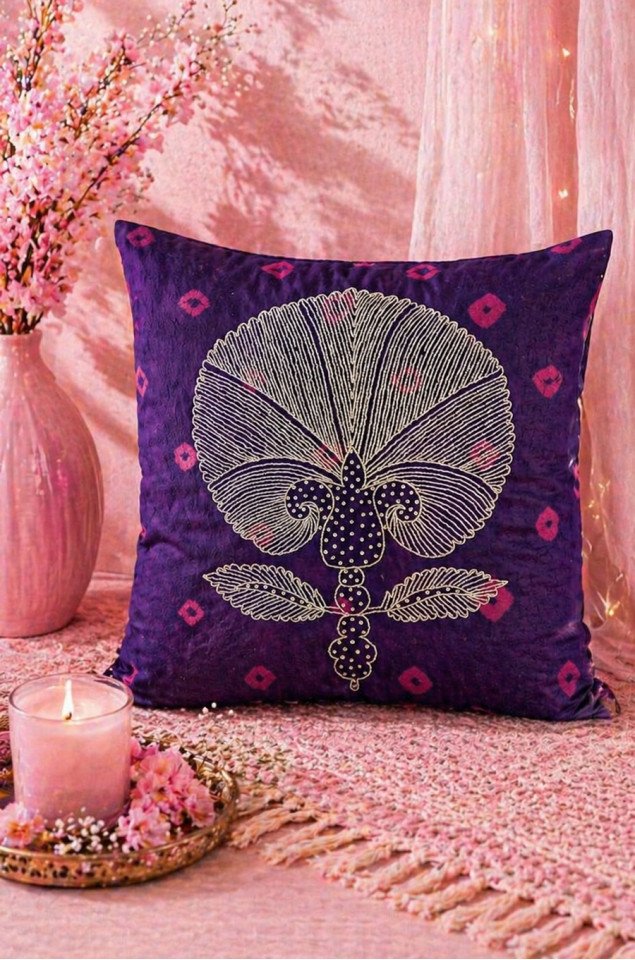 Royal Orchid Hand-Embroidered Silk Cushion Covers (Set of 2) – Pure Silk Decorative Covers 18x18 Inch