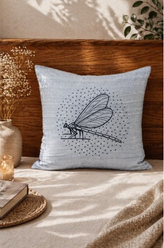 Dragonfly Minimal Machine-Embroidered Silk Cushion Covers (Set of 2) – Pure Silk 18x18 Inch Decorative Covers