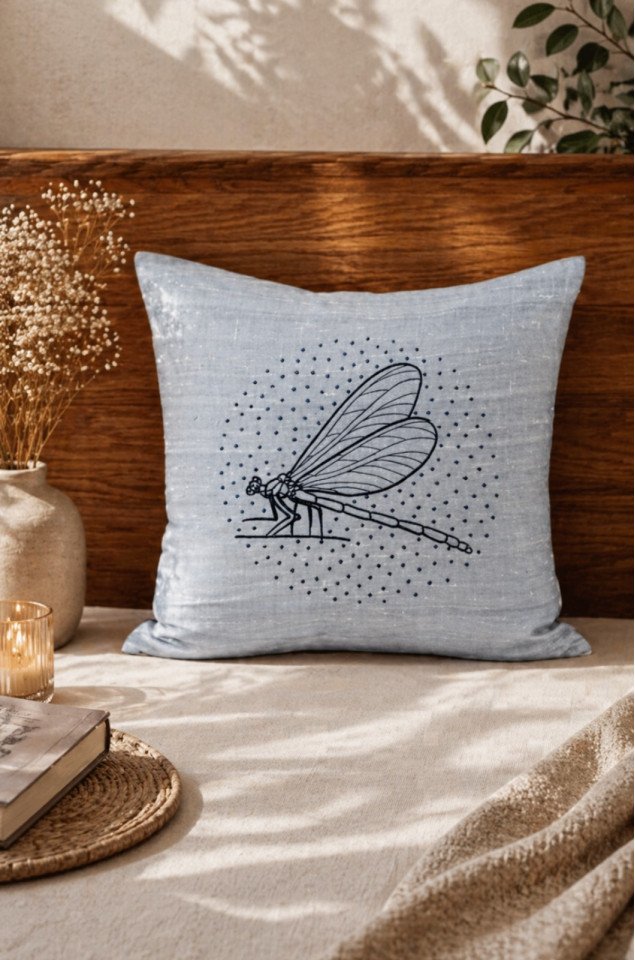 Dragonfly Minimal Machine-Embroidered Silk Cushion Covers (Set of 2) – Pure Silk 18x18 Inch Decorative Covers