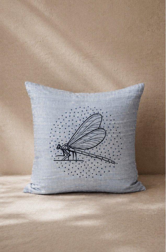 Dragonfly Minimal Machine-Embroidered Silk Cushion Covers (Set of 2) – Pure Silk 18x18 Inch Decorative Covers