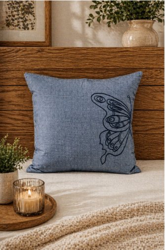 Minimal Butterfly Machine-Embroidered Silk Cushion Covers (Set of 2) – Pure Silk 18x18 Inch Decorative Covers