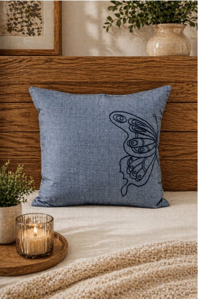 Minimal Butterfly Machine-Embroidered Silk Cushion Covers (Set of 2) – Pure Silk 18x18 Inch Decorative Covers