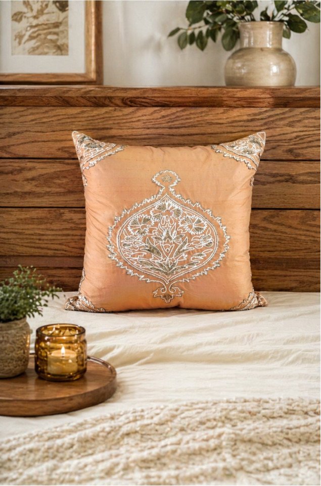 Peach Heritage Hand-Embroidered Silk Cushion Covers (Set of 2) – Pure Silk 18x18 Inch Decorative Covers for Living Room