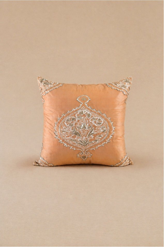 Peach Heritage Hand-Embroidered Silk Cushion Covers (Set of 2) – Pure Silk 18x18 Inch Decorative Covers for Living Room