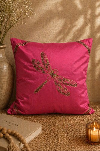 Blush Dragonfly Hand-Embroidered Silk Cushion Covers (Set of 2) – Pure Silk 16x16 Inch Decorative Covers