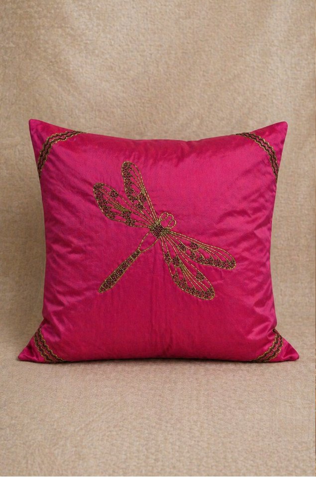 Blush Dragonfly Hand-Embroidered Silk Cushion Covers (Set of 2) – Pure Silk 16x16 Inch Decorative Covers