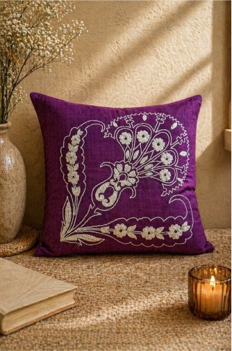 Royal Plum Hand-Embroidered Silk Cushion Covers (Set of 2) – Pure Silk 18x18 Inch Decorative Covers