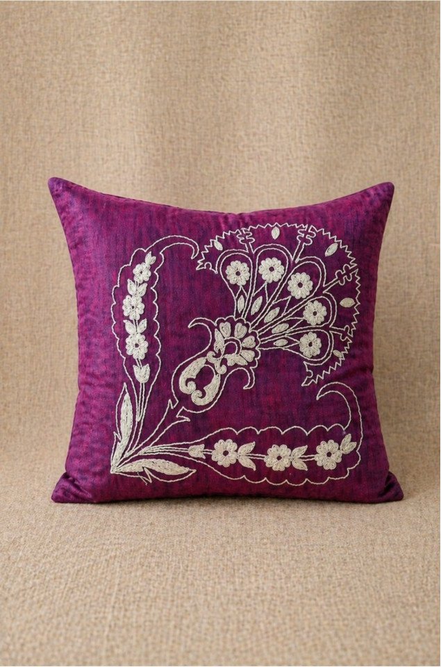 Royal Plum Hand-Embroidered Silk Cushion Covers (Set of 2) – Pure Silk 18x18 Inch Decorative Covers
