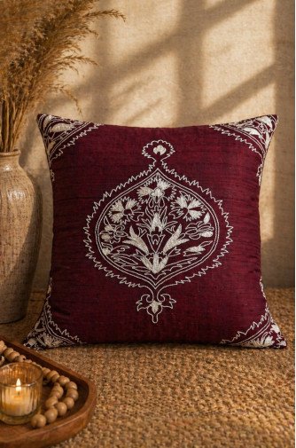 Royal Maroon Hand-Embroidered Silk Cushion Covers (Set of 2) – Pure Silk 18x18 Inch Decorative Covers