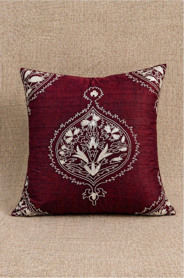 Royal Maroon Hand-Embroidered Silk Cushion Covers (Set of 2) – Pure Silk 18x18 Inch Decorative Covers